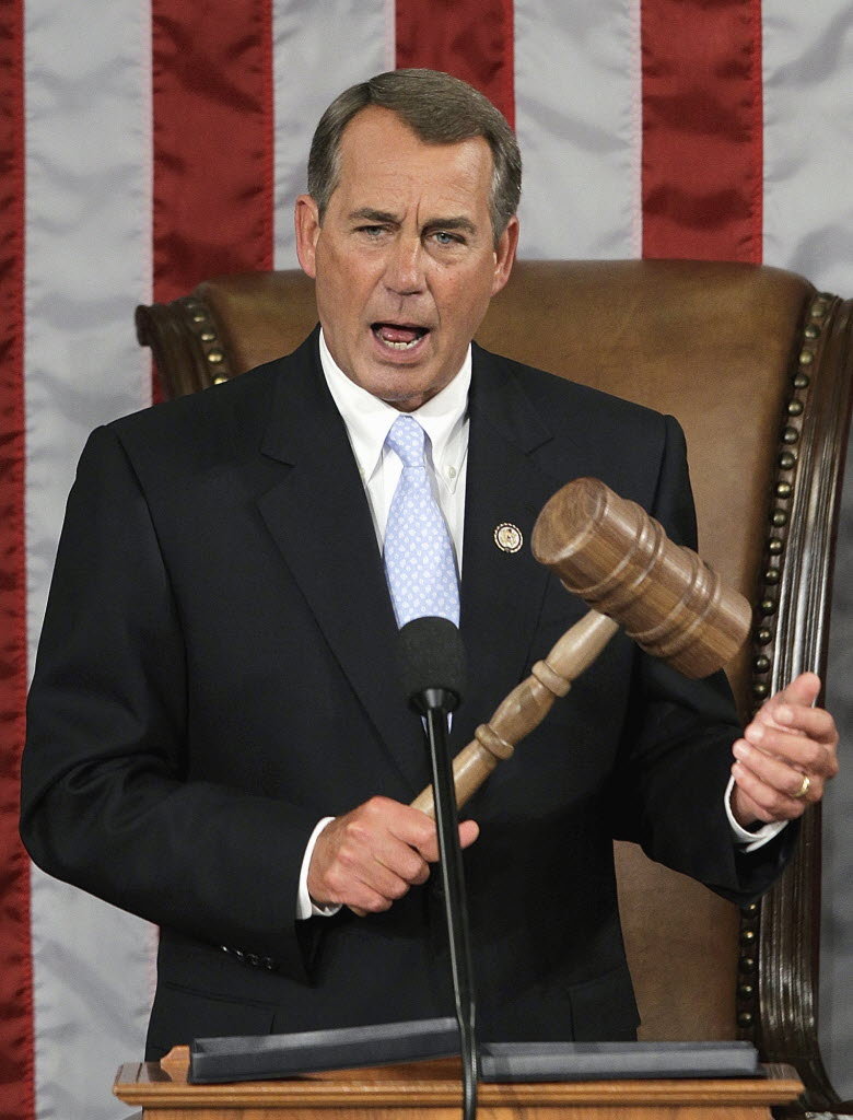 House Speaker John Boehner of Ohio holds up the gavel during his acceptance speech at the first session of the 112th Congress, on Capitol Hill, Washington, D.C., January 5, 2011.