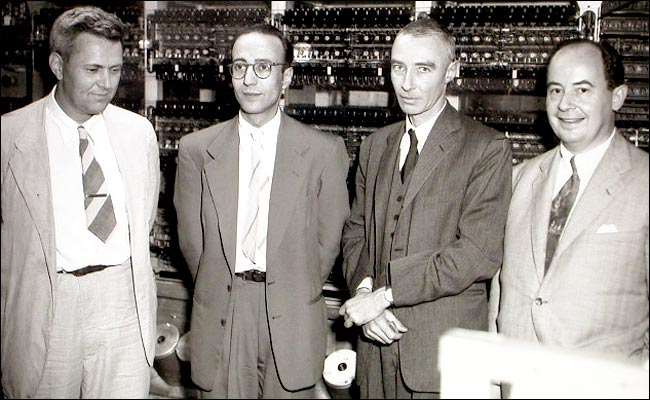 Scientists Julian Bigelow, left, Herman Goldstine, J. Robert Oppenheimer and John von Neumann with their newly built computer, 1952.