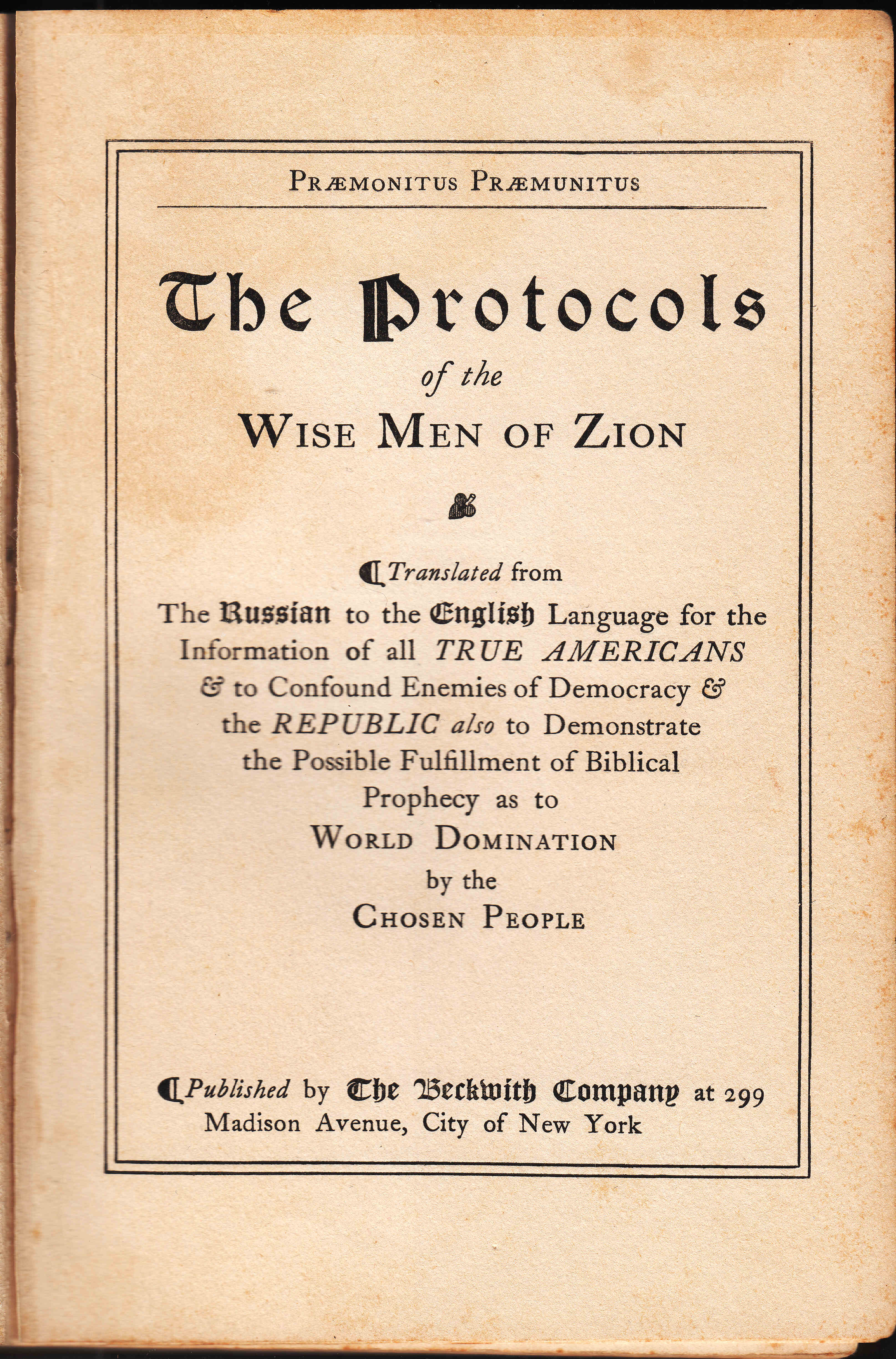 Protocols of the Wise Men of Zion (The Beckwith Company, New York, 1920).