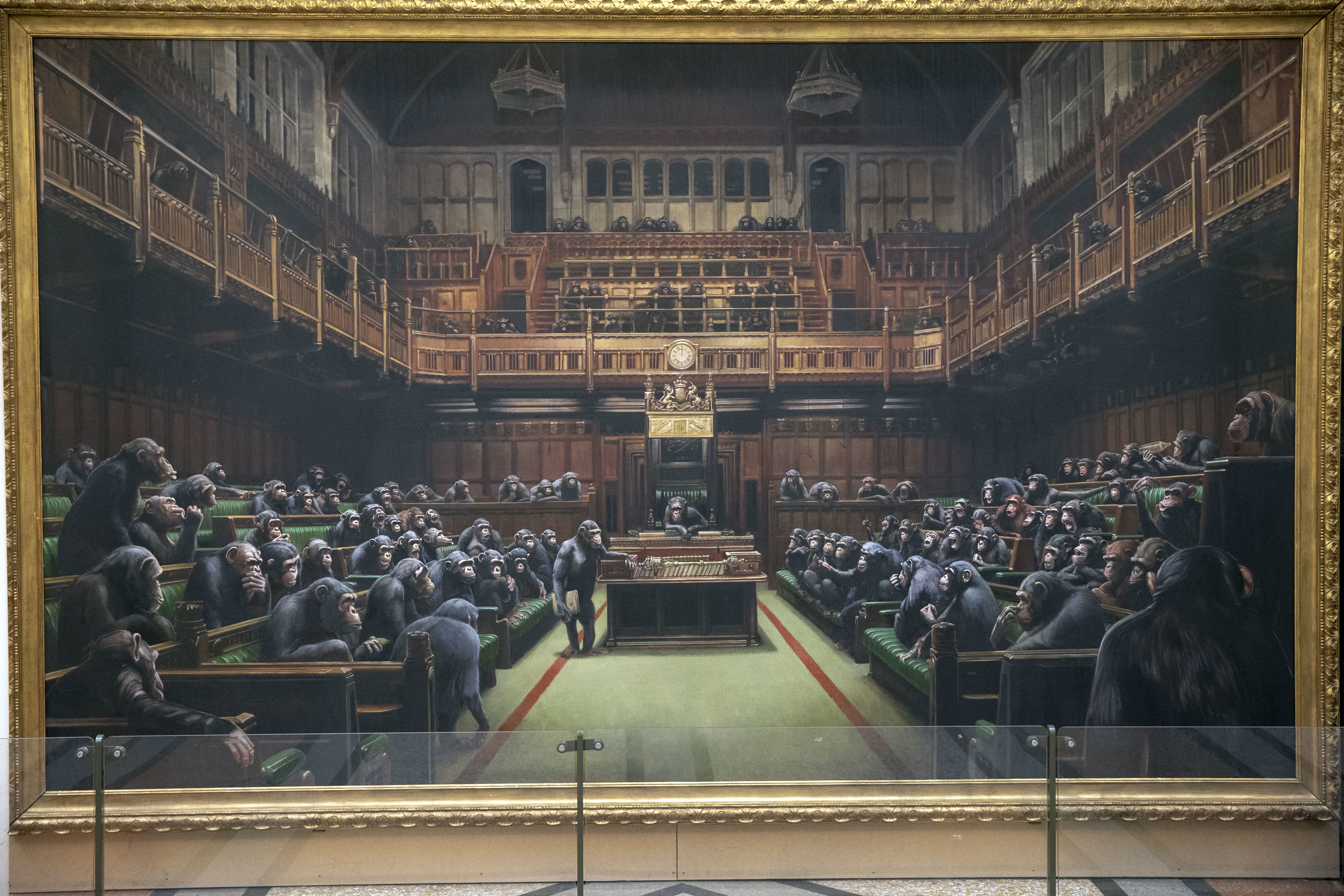 Bristol-born anonymous artist Banksy's Devolved Parliament, first displayed in 2009.