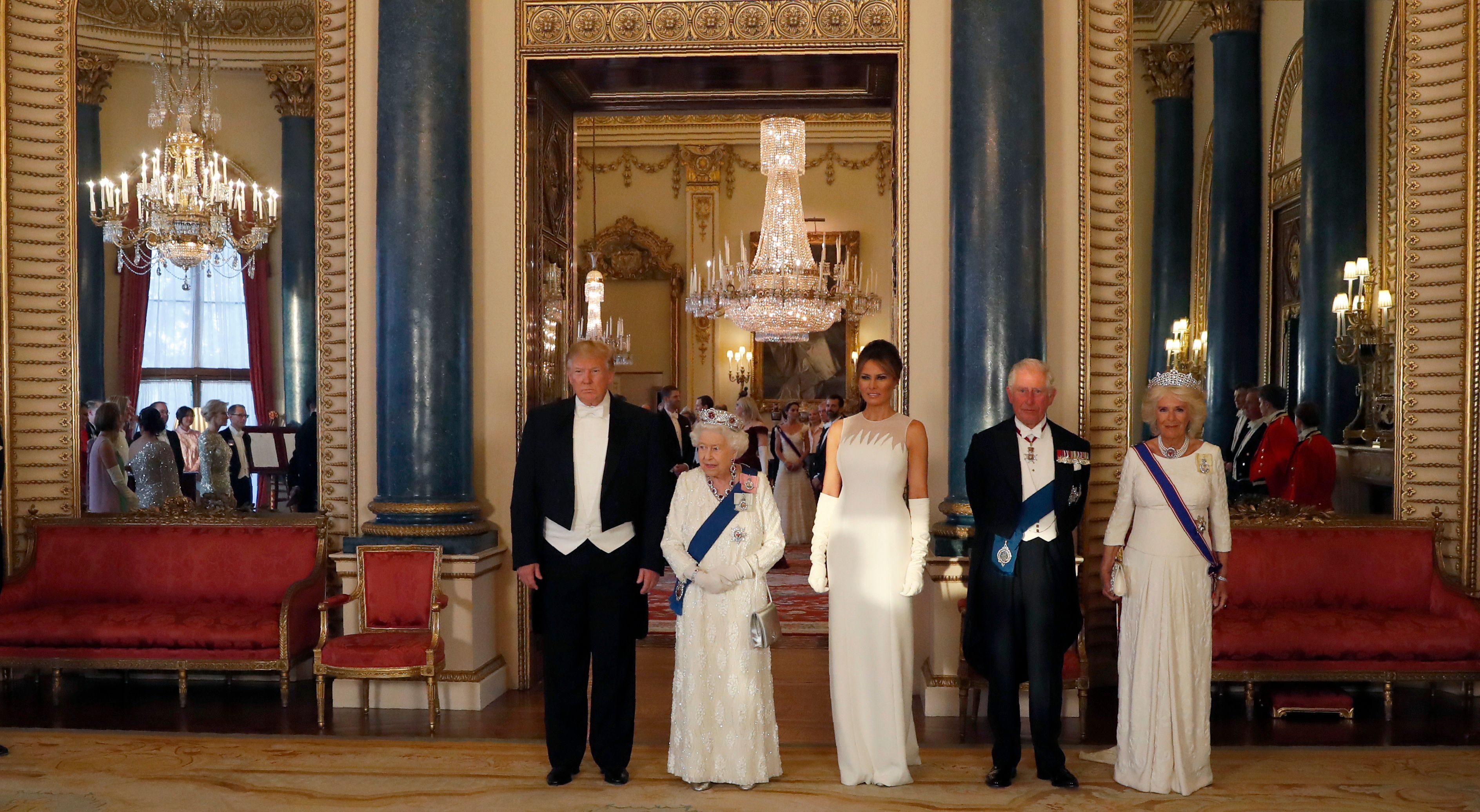 US President Donald Trump, Britain's Queen Elizabeth II, US First Lady Melania Trump, Britain's Prince Charles, Prince of Wales and Britain's Camilla, Duchess of Cornwall (R) pose for a photograph ahead of a State Banquet at Buckingham Palace, London, June 3, 2019.