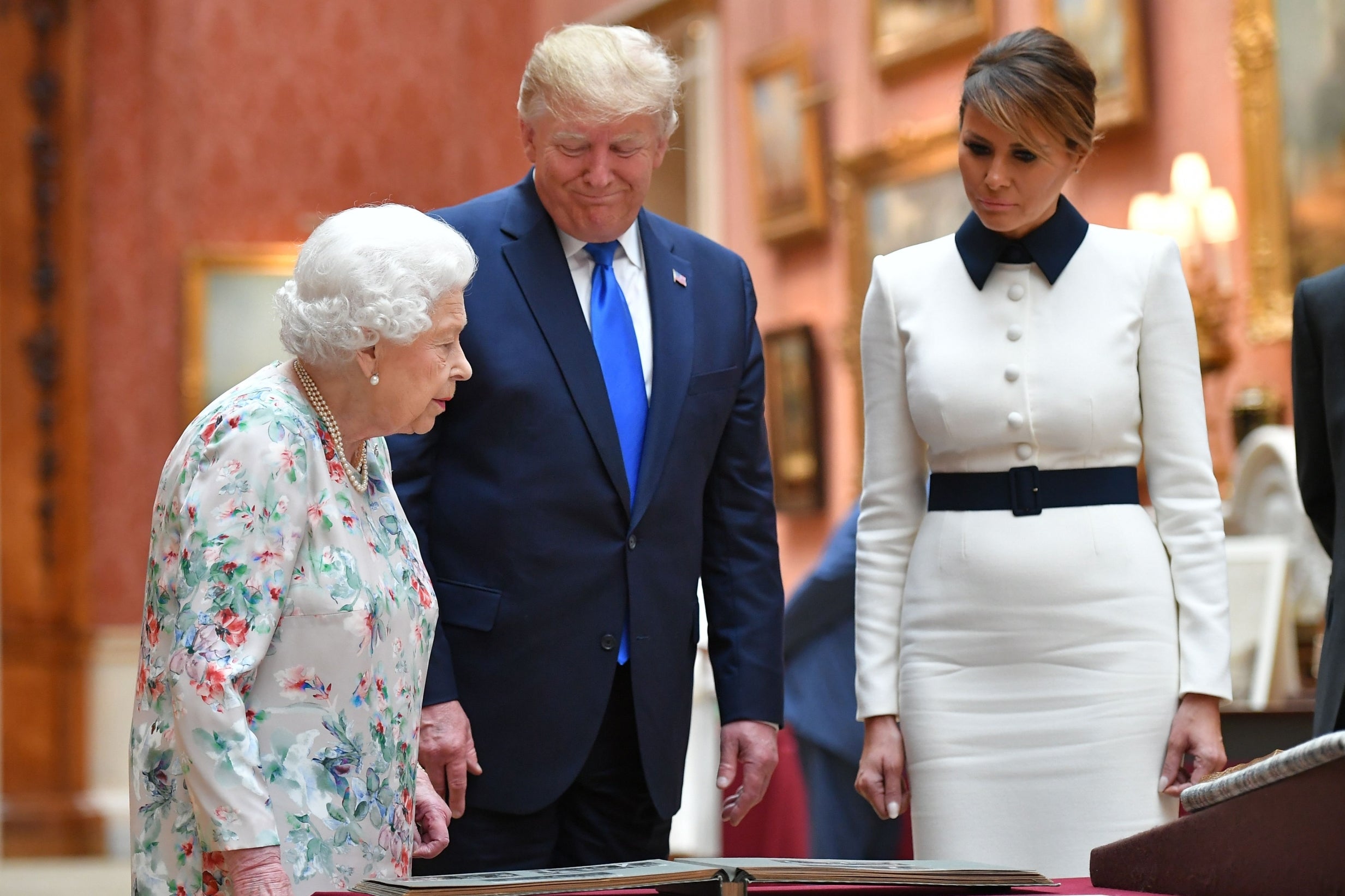 Britain's Queen Elizabeth II welcomes US President Donald Trump and US First Lady Melania Trump at Buckingham Palace on the opening day of a three day state visit to Britain, London, June 3, 2019.